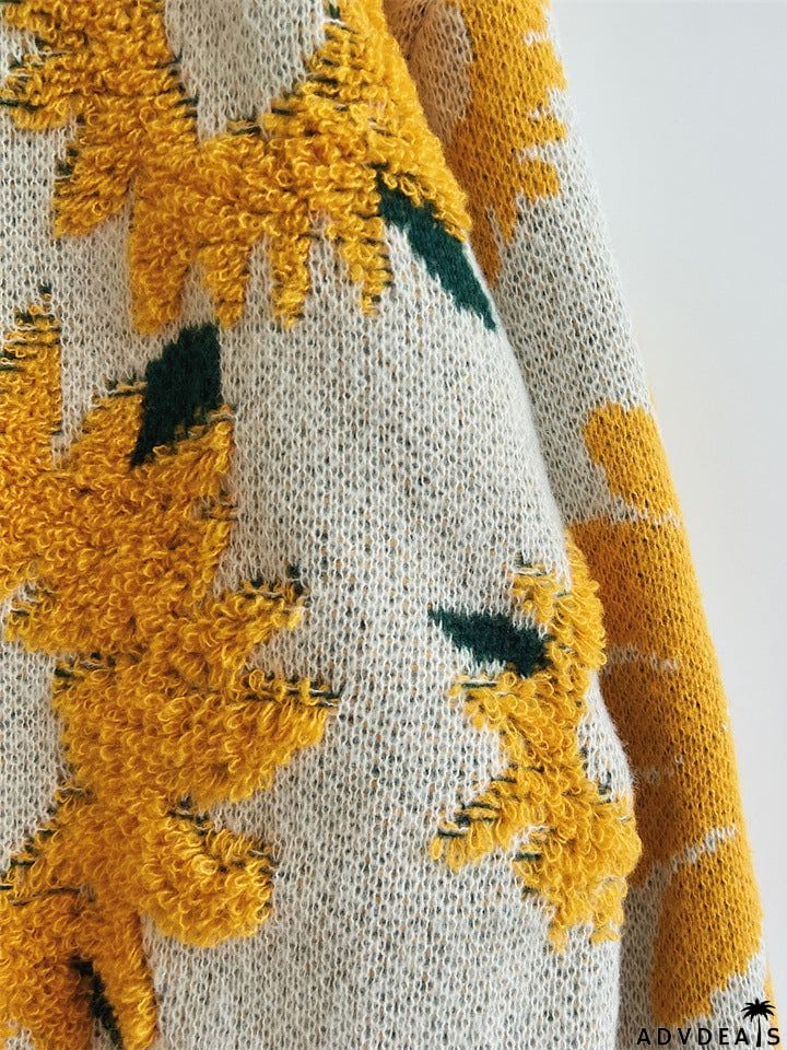 Female Sunflower Crew Neck Pullover Knit Sweater