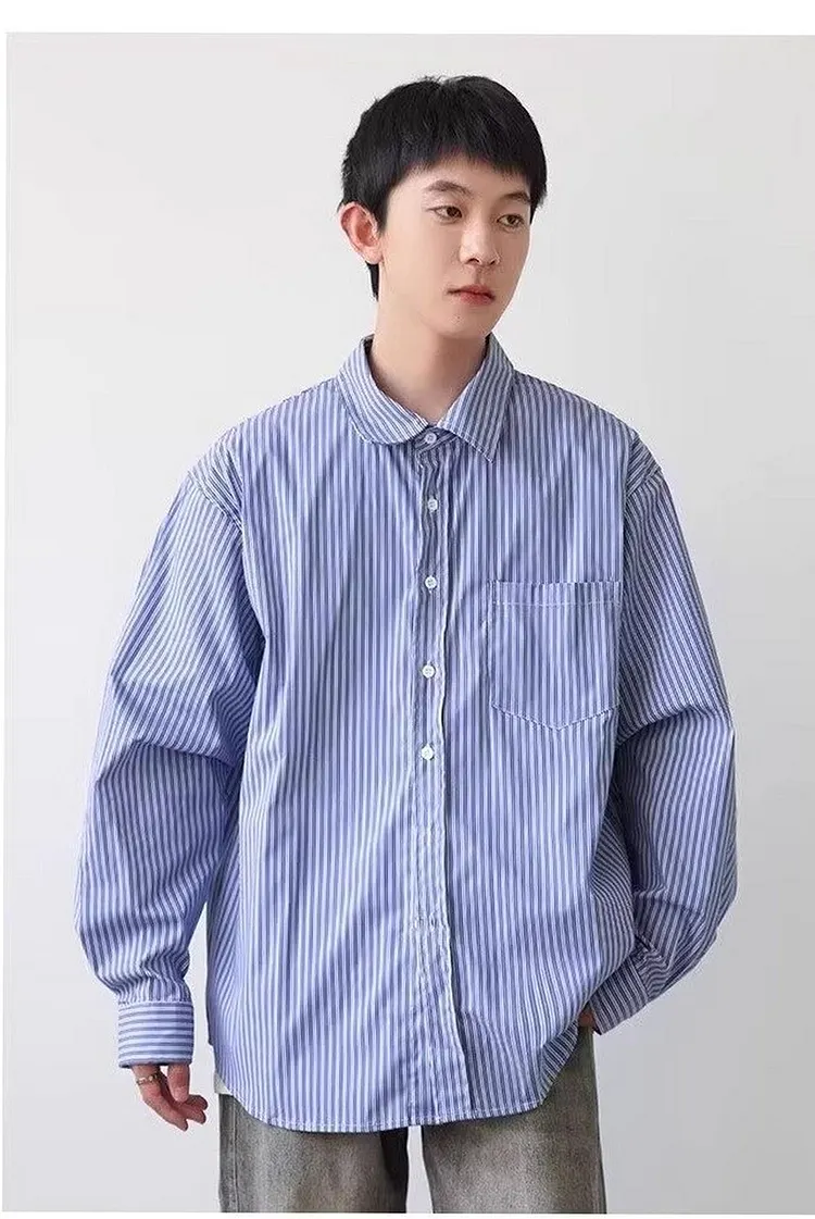 Blue Striped Button Up Shirt for Men with Utility Pockets