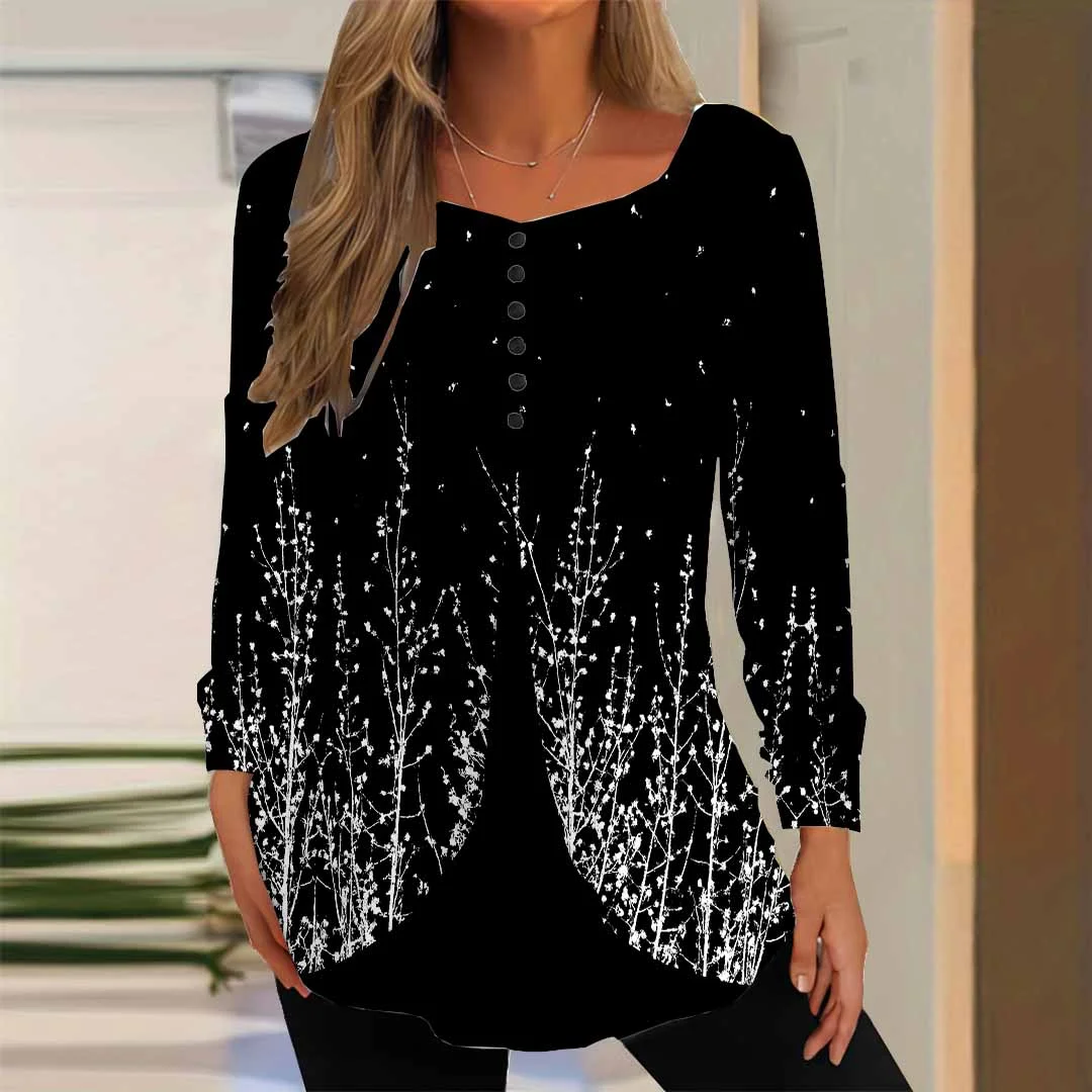 Women Floral,Black DZGG8338 Long Sleeve Scoop Neck Printed Graphic Button Fake 2in1 Tops
