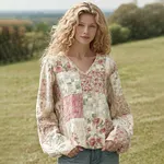 Women's Retro Floral Patchwork Pattern Linen V-neck T Shirt - Image 2