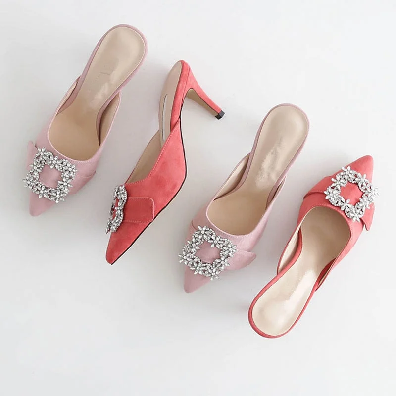 Pointed high heels women's stiletto heel 2020 new all-match fashion Baotou square buckle rhinestone slippers