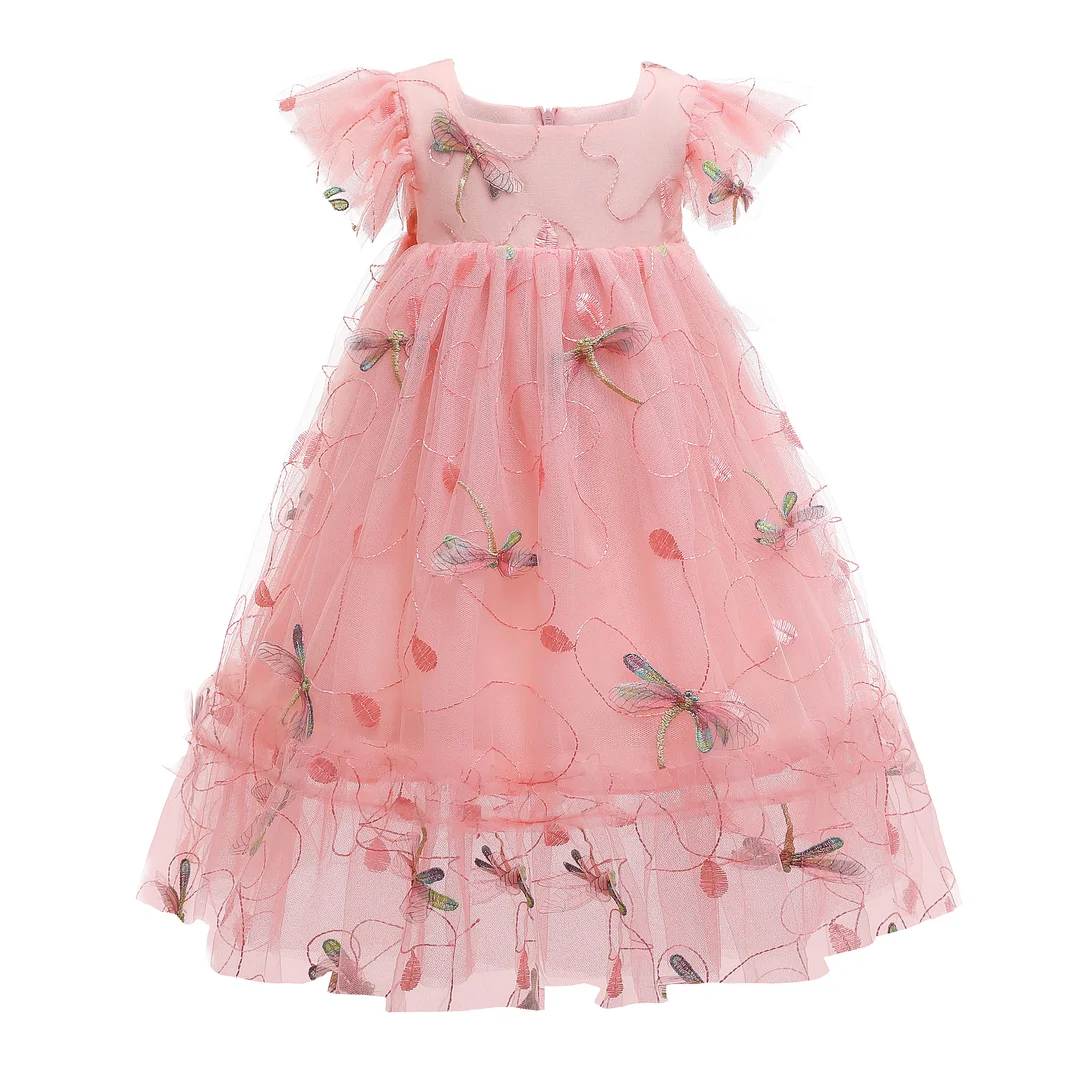 Buzzdaisy Dragonfly Evening Dress For Girl Solid Color Princess Dress Lotus Leaf Sleeves Machine Wash Cotton Tops Party