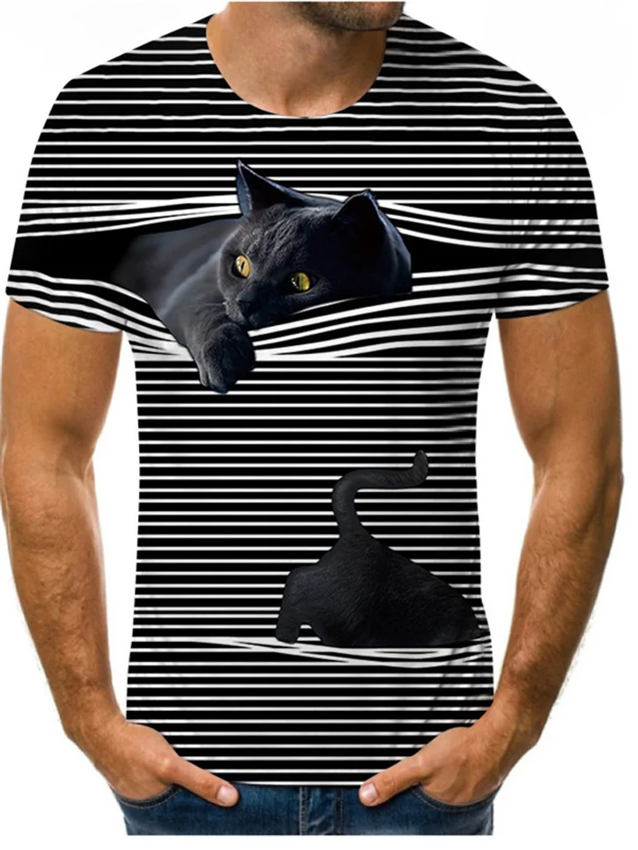 Cat 3D Digital Print Men's Short-sleeved Striped Top