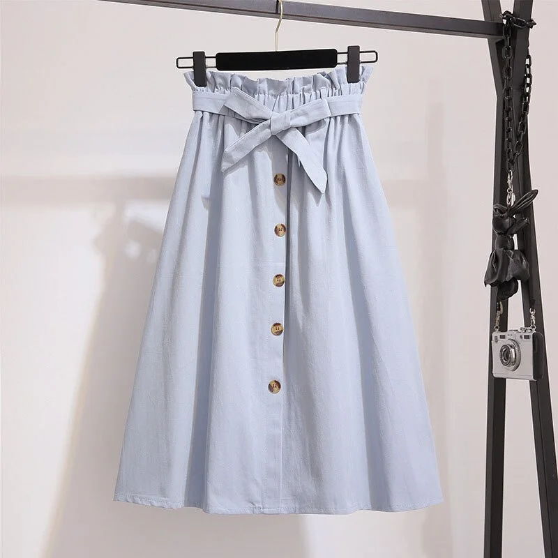 Women Elegant High Waist Midi Skirt Spring And Summer Casual Single-Breasted Solid Black White Bowknot Belt Office A-Line Skirt