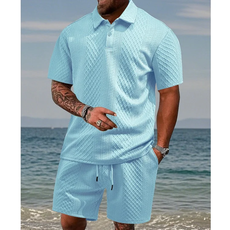 💥Men’s Diamond Pattern Turn-Down Collar Short Sleeve Top & Drawstring Shorts 2-Piece Set