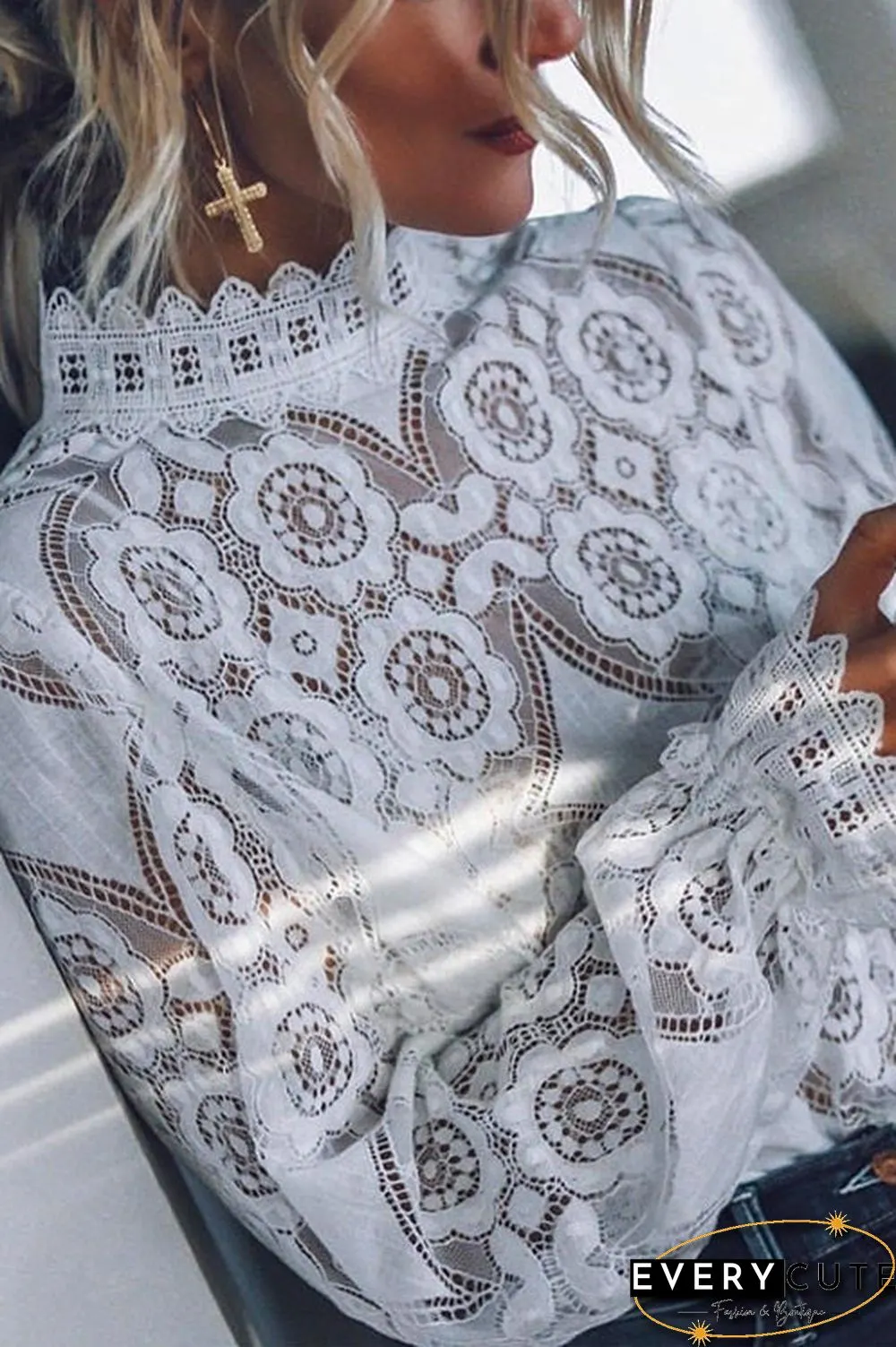 Mockneck Mesh Ruffle Lace Shirt