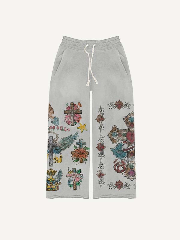 Cross&Heart&Wing&Pray&Graphic Print Elastic Waist Pants