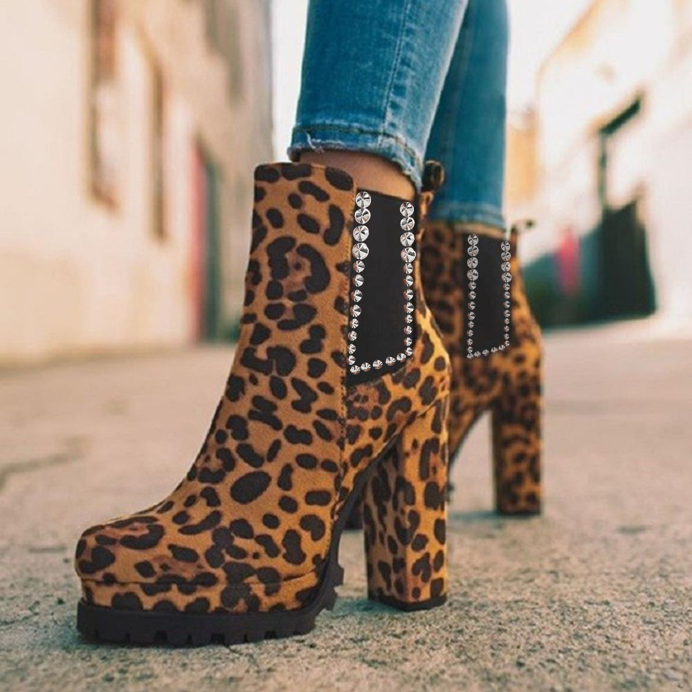 Leopard Print Block Heel Platform Chelsea Ankle Boots with Rivets Nicepairs