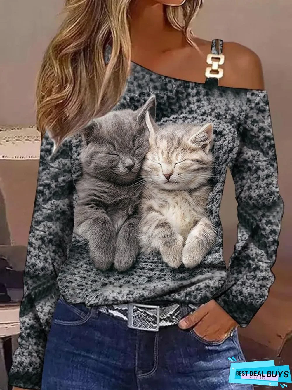 Casual Cat Off Shoulder Sleeve Regular Fit One Shoulder Top