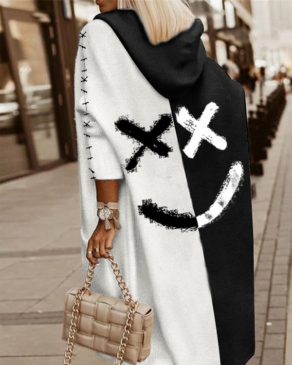 Halloween Black and White Patchwork Funny Smiley Long Knit Sweater Pocket Cardigan