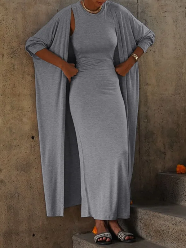 Solid Color Long Sleeves Round-Neck Inner Dress + Bodycon Outerwear Two Pieces Set
