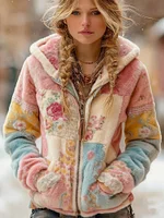 Women's Vintage Rose Floral Pattern Plush Zip-up Hoodie