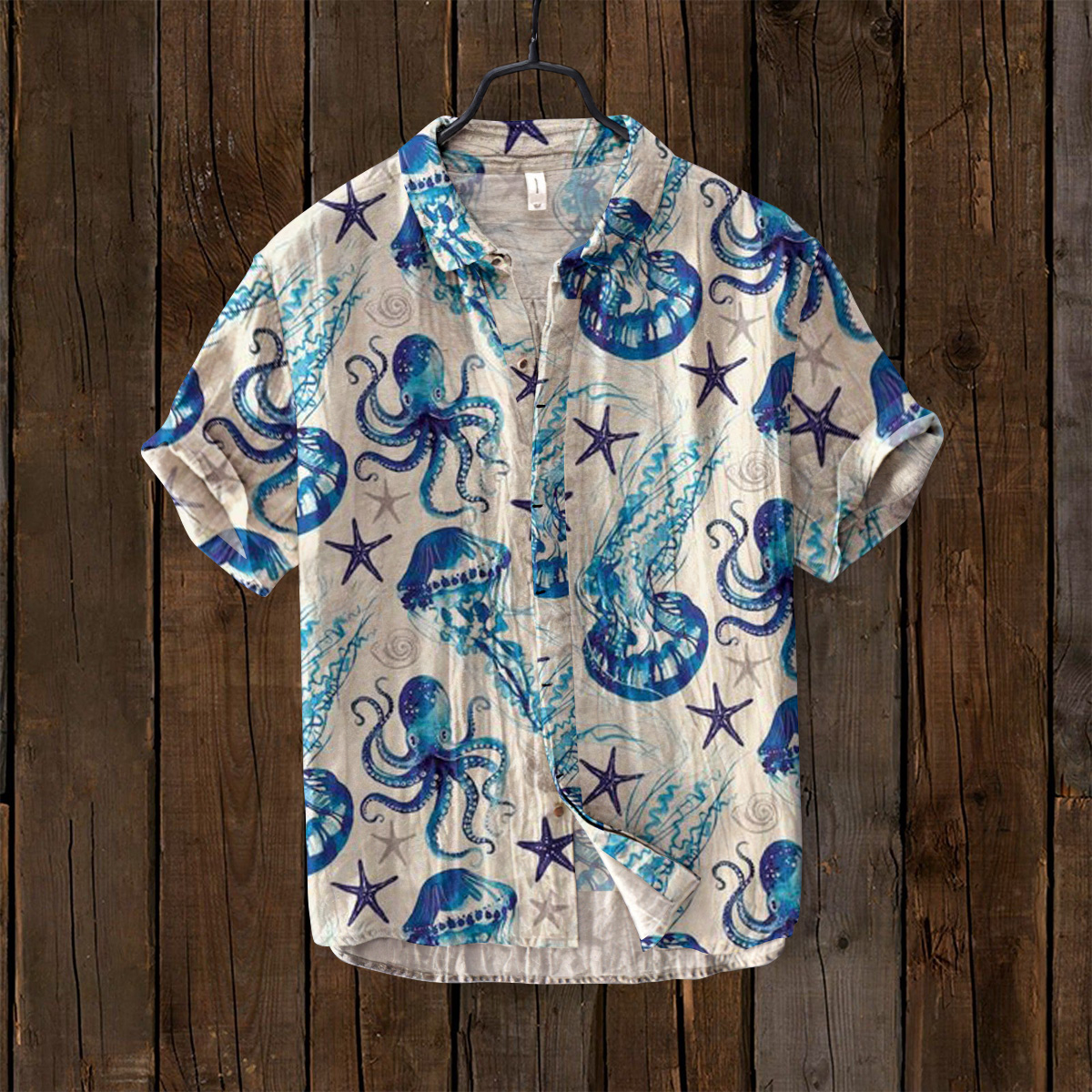 menweary Marine Animal Print Short Sleeve Linen Blend Shirt