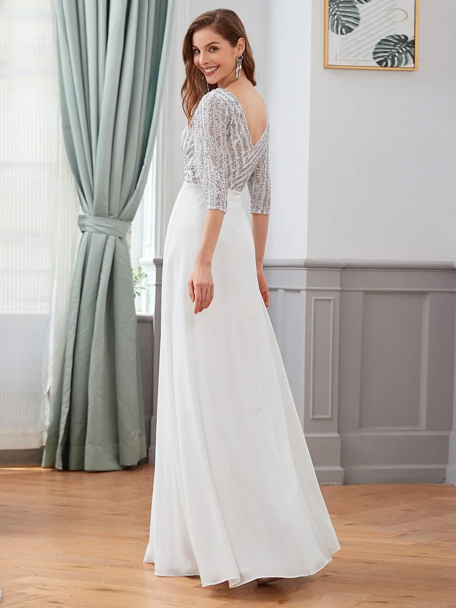 Sexy V Neck A-Line Sequin Wholesale Evening Dresses With 3/4 Sleeve