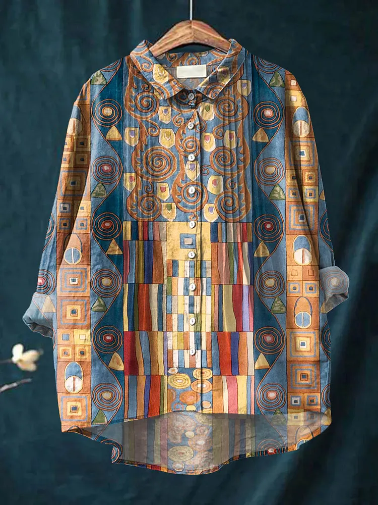 Women's Abstract Geometric Pattern Art Print Casual Cotton And Linen Ruffle Shirt