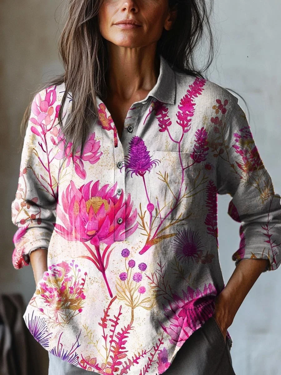 Women's Vintage Lovely Floral Art Print Casual Cotton And Linen Shirt