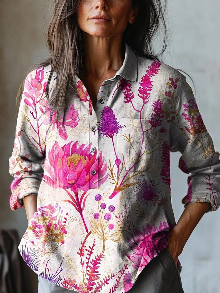 Women's Vintage Lovely Floral Art Print Casual Cotton And Linen Shirt