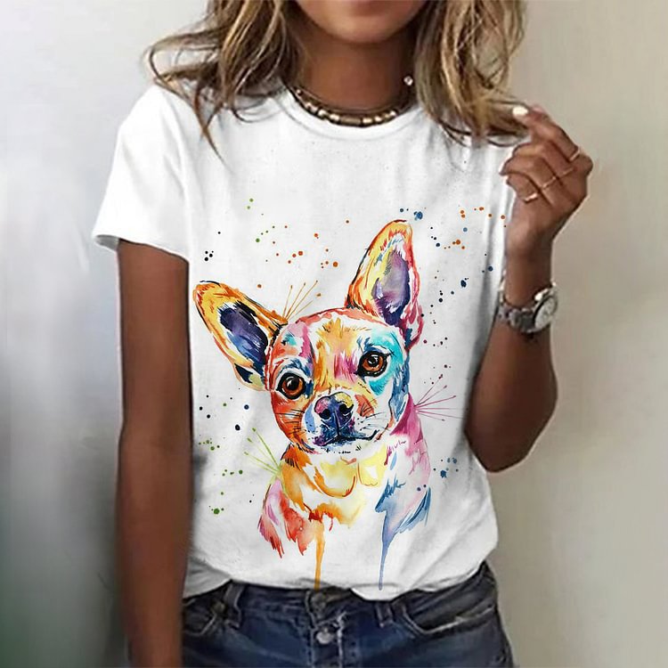 Artwishers Casual Crew Neck Dog Print Short Sleeve T-Shirt