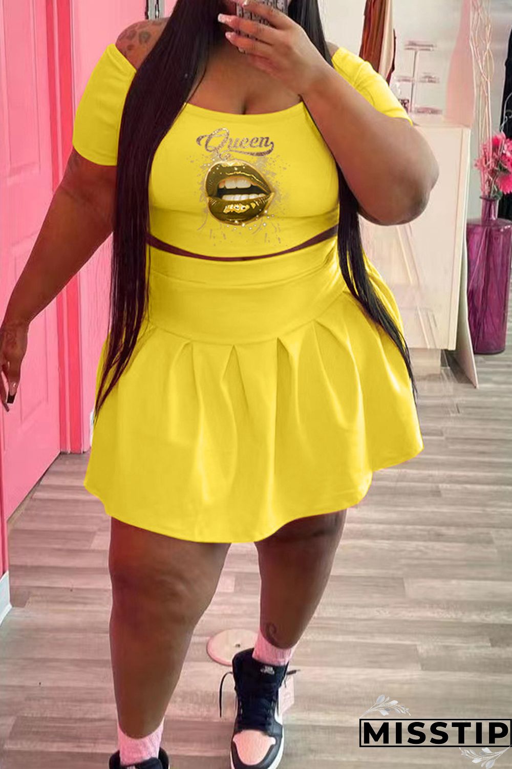 Black Fashion Casual Lips Printed Basic O Neck Short Sleeve Two Pieces