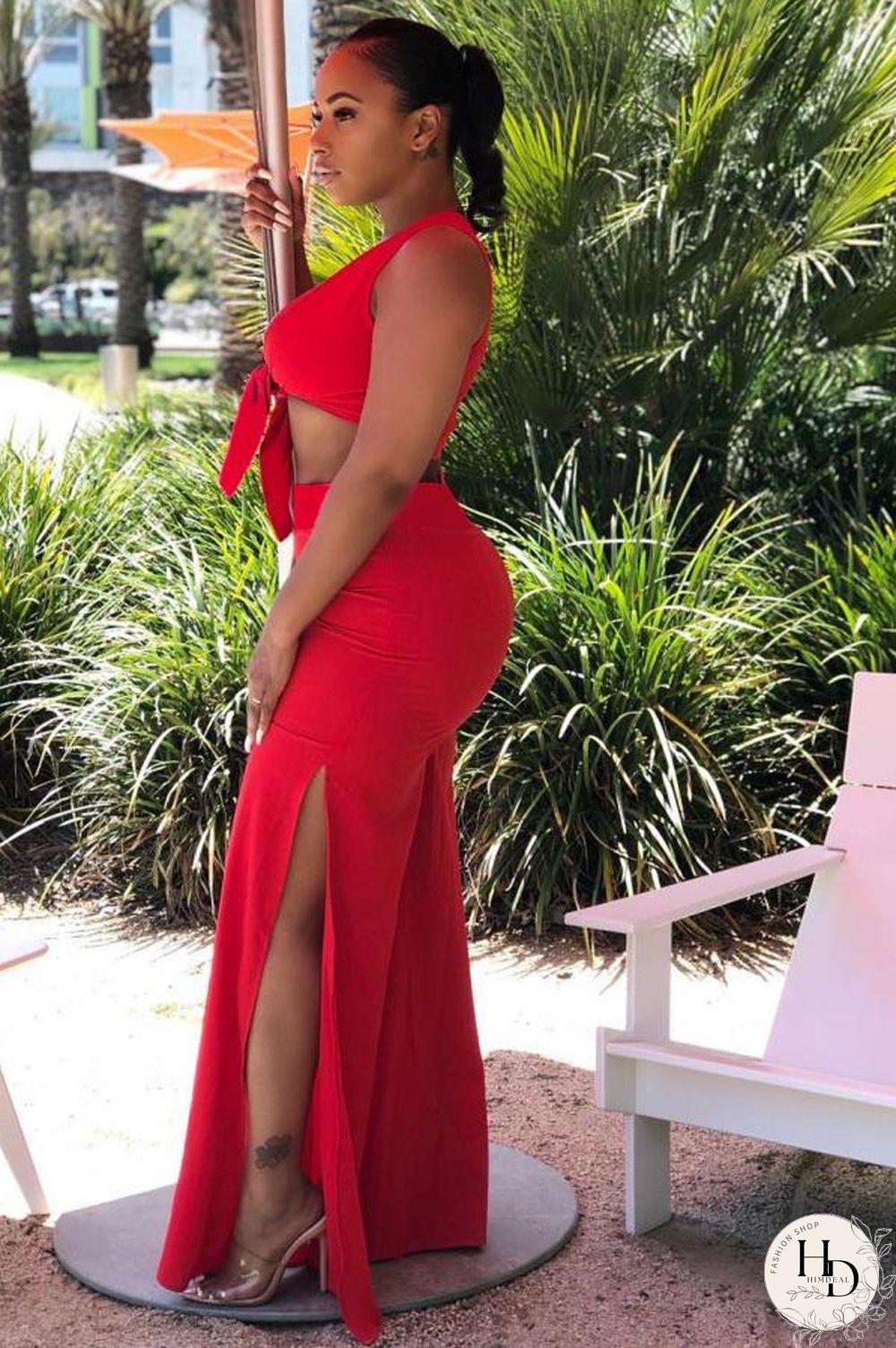 Red Sexy Fashion Solid asymmetrical Two Piece Suits Bandage crop top Straight