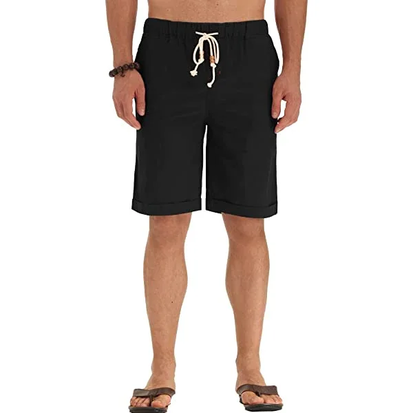 Men's Linen Casual Classic Fit Short Drawstring Summer Beach Shorts