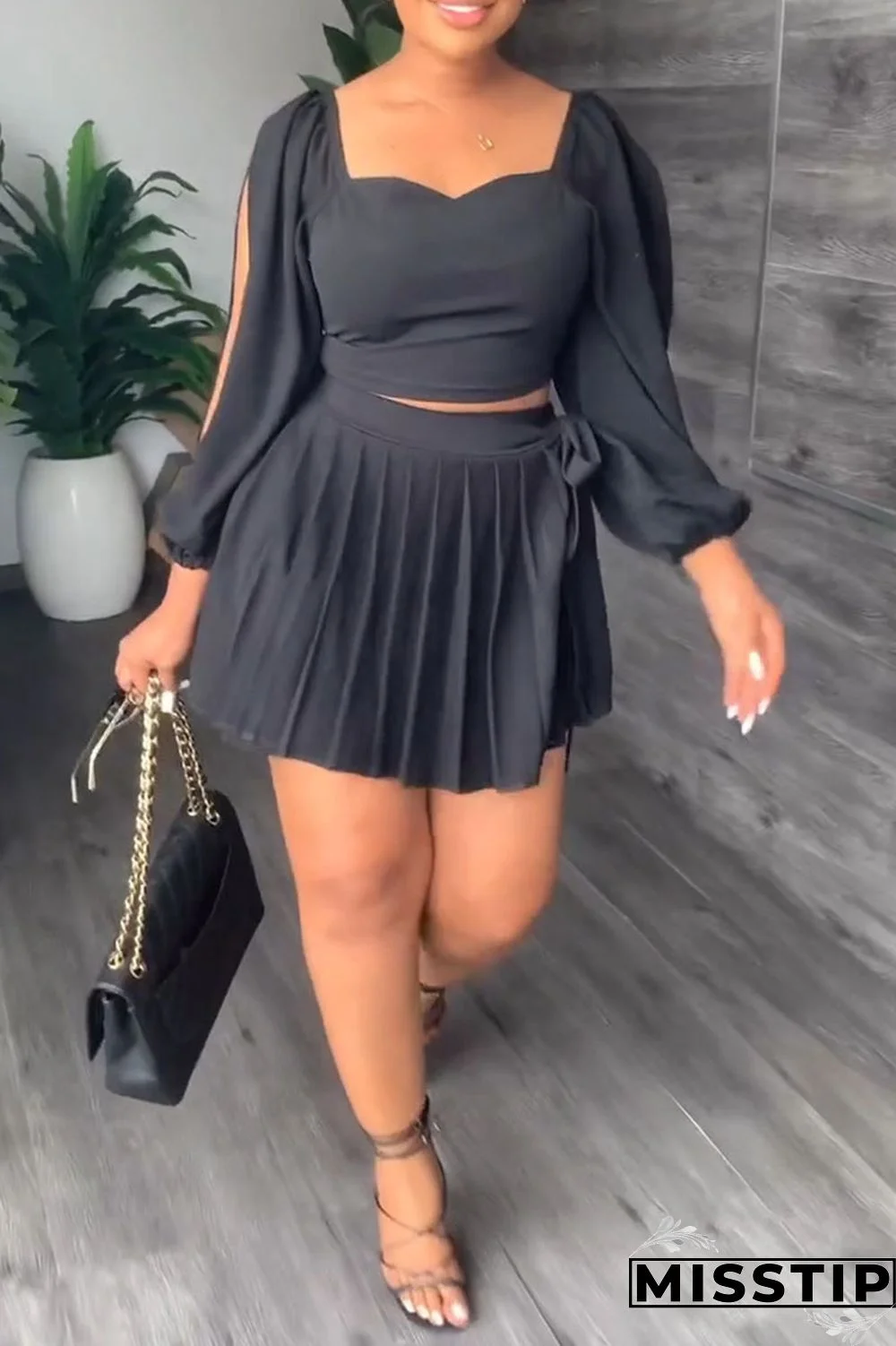 Black Casual Solid Bandage Patchwork Fold Square Collar Long Sleeve Two Pieces