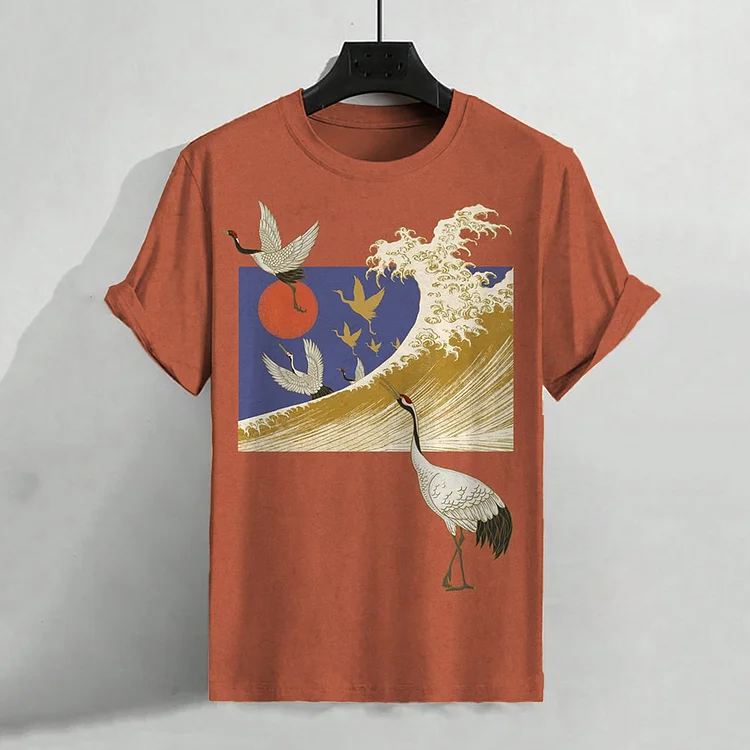 Men's Crane Waves Art Painting Graphic Print Vintage T-Shirt