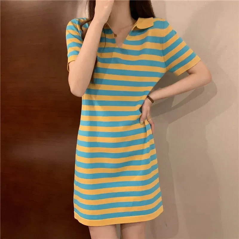 Uveng Uveng Version Of Temperament Striped T-Shirt Dress Retro POLO Received Waist-Skinny Straight Dress Summer Dress Girl