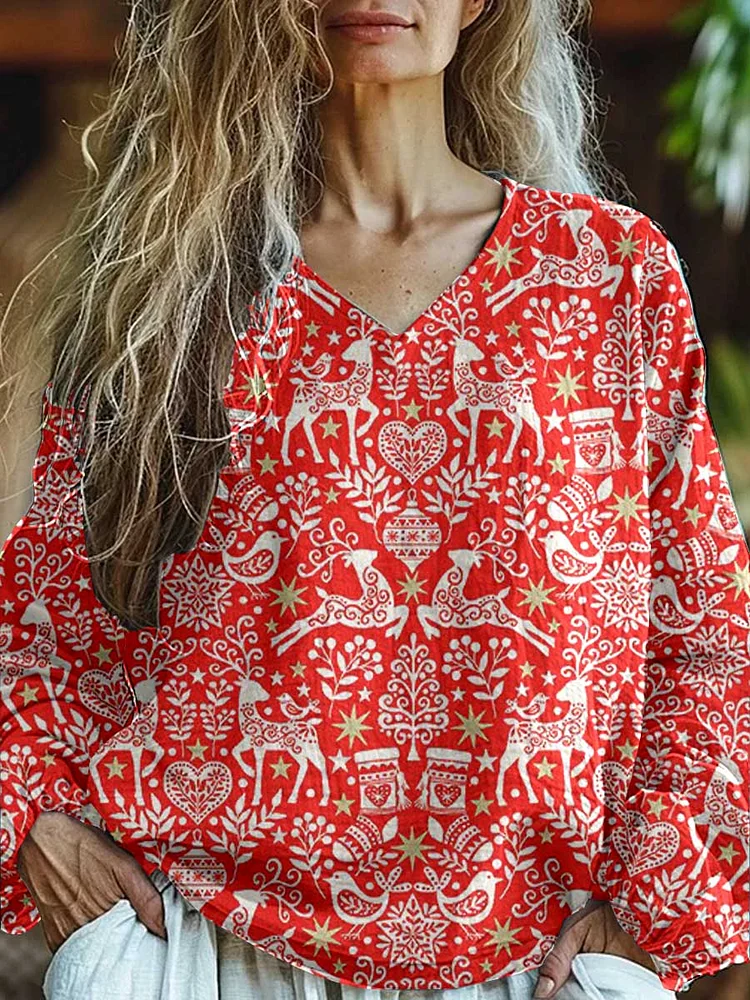 Womens Christmas Elk Clip Print Casual Long Sleeve Comfortable Cotton Top