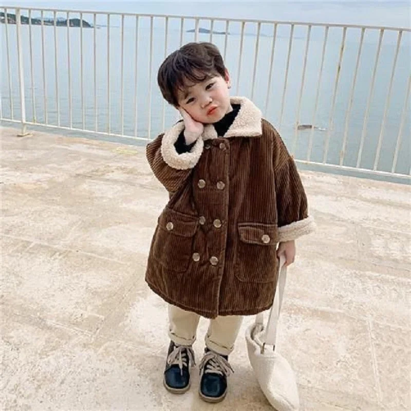 Baby Boy Girl Winter Corduroy Jacket Long Thick Fleece Warm Infant Toddler Collar Button Coat Loose Outfit Baby Clothes  1-8Y