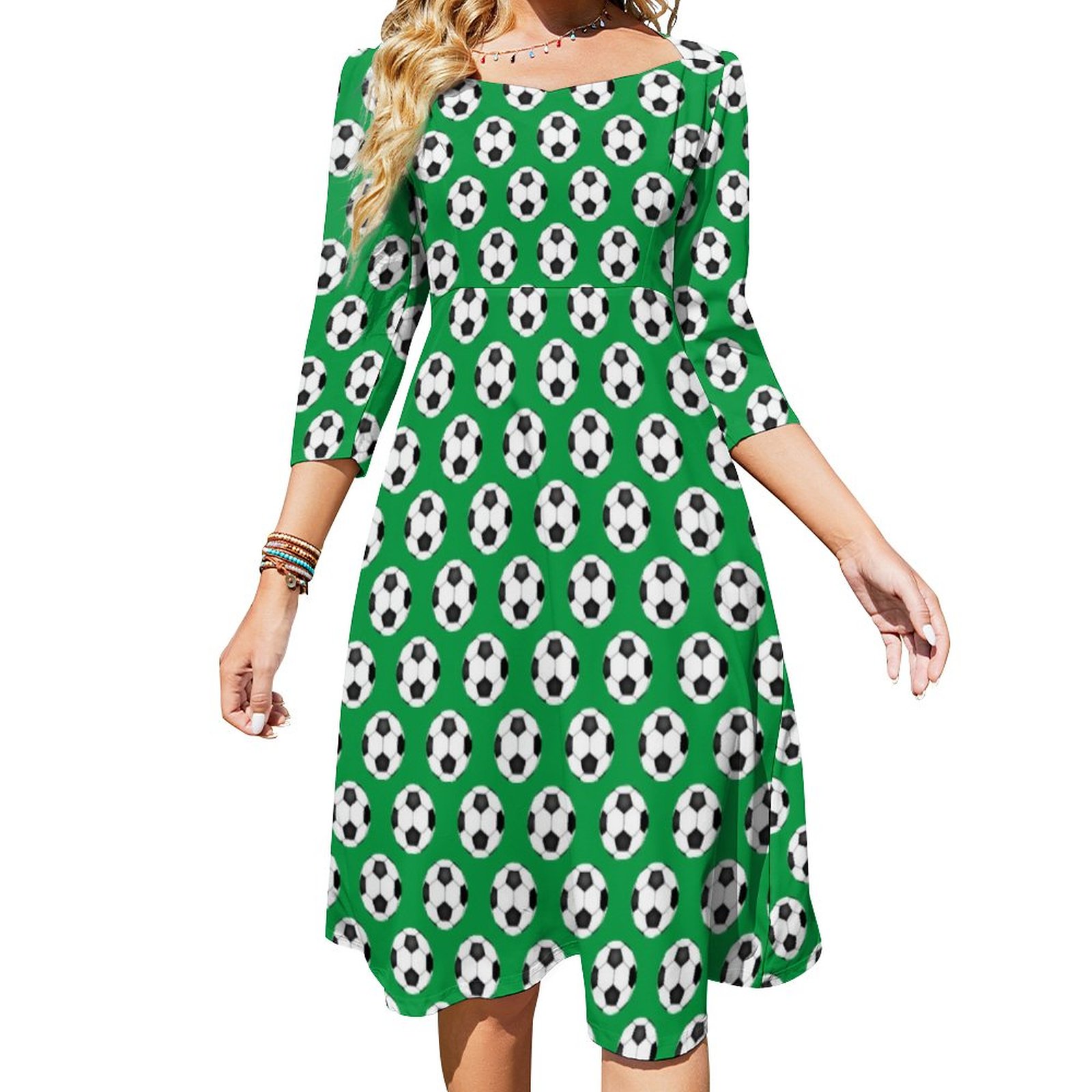 Cute Soccer Ball Pattern Dress Sweetheart Tie Back Flared 3/4 Sleeve Midi Dresses