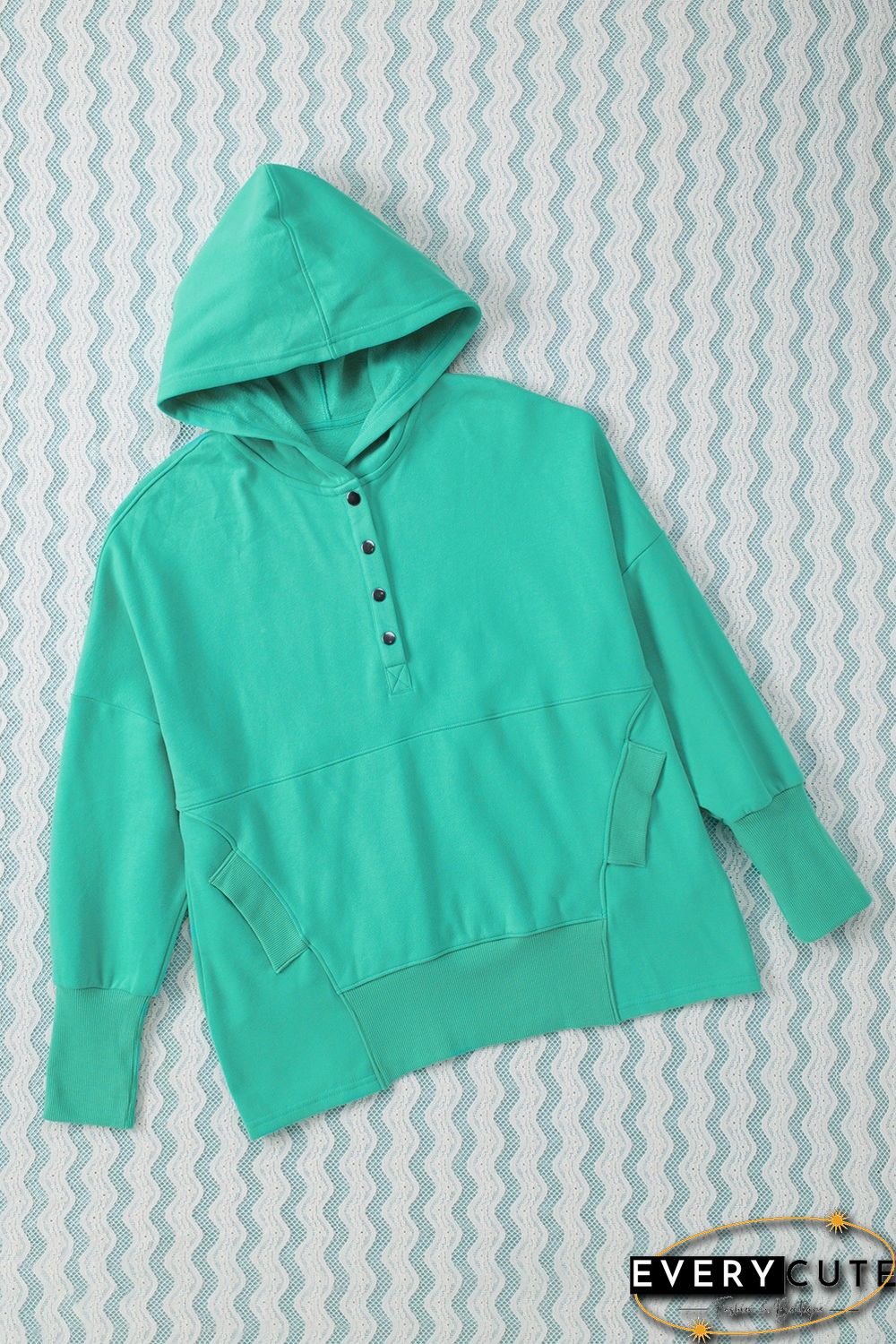 Turquoise Batwing Sleeve Pocketed Henley Hoodie