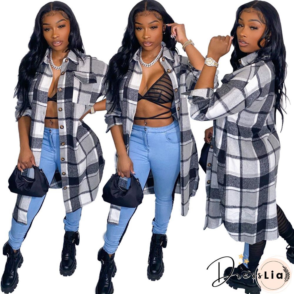 Classic Plaid Shirt Woolen Long Coat