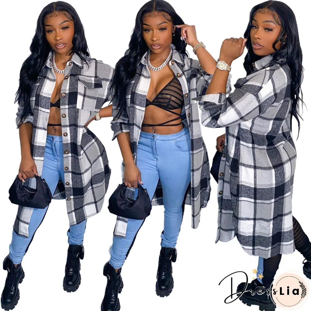 Classic Plaid Shirt Woolen Long Coat