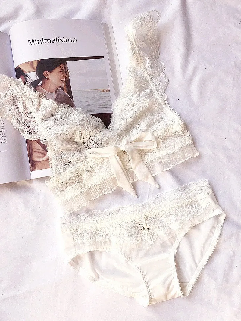 Mesh Lace Ultra-Thin Underwear Female Soft Triangle Cup Bra Set Comfortable Sexy Deep V Bralette Suit Bow-tie Lingerie Sets