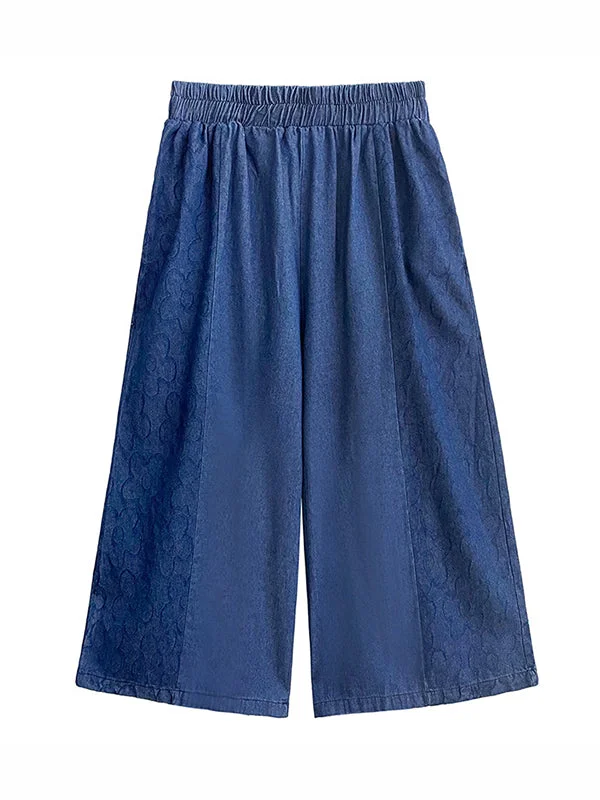 Simple Loose Blue Elasticity Embroidered Wide Leg Denim Pants