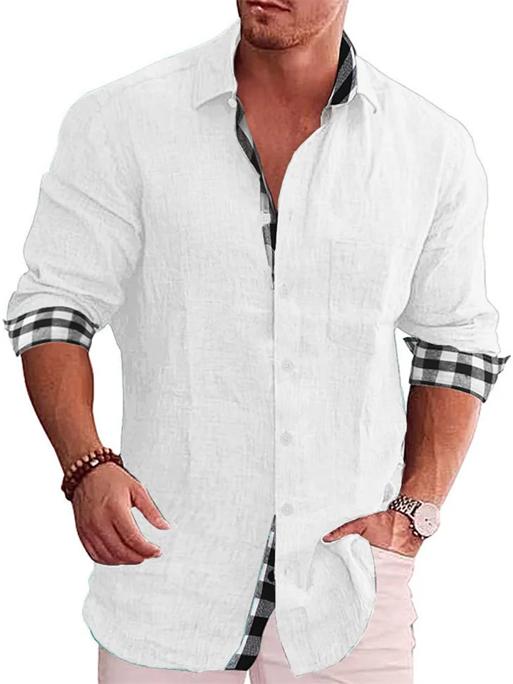 Men's Solid Color Shirt Pocket Decorated Long-sleeved European and American Casual Men's Cotton Linen Shirt Men's Shirt Men