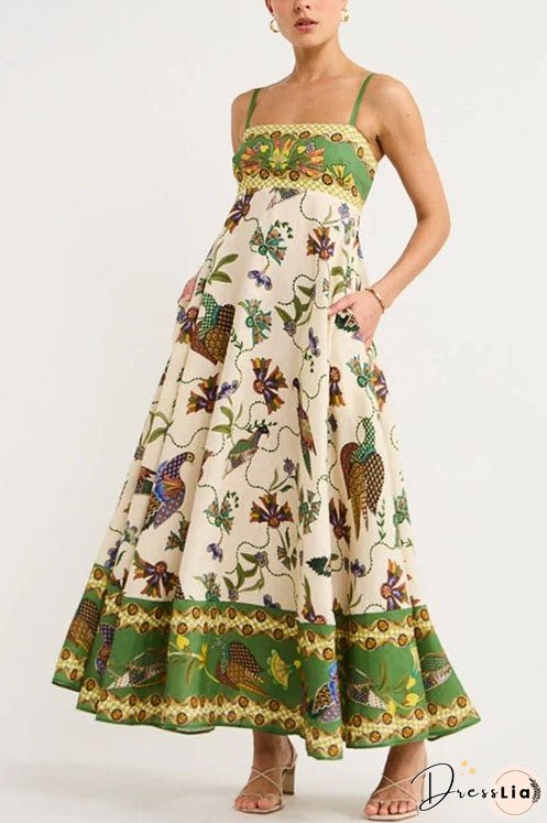 Meridress Spaghetti Strap Empire Waist Unique Print Swing Maxi Dress