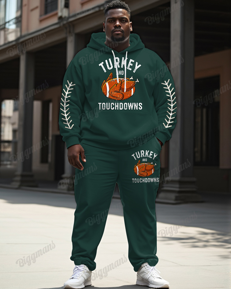 Men's Thanksgiving Day Green Turkey And Touchdowns Letter Print Plus Size Hoodie Suit