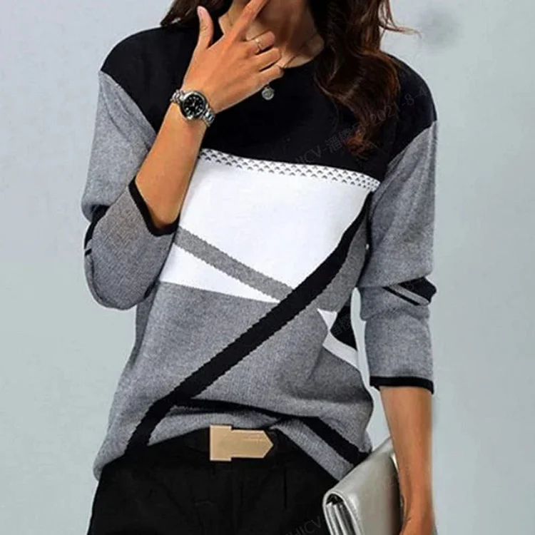 VChics Fall Fashion 2022 Casual Color Block Crew Neck Long Sleeve T-shirt