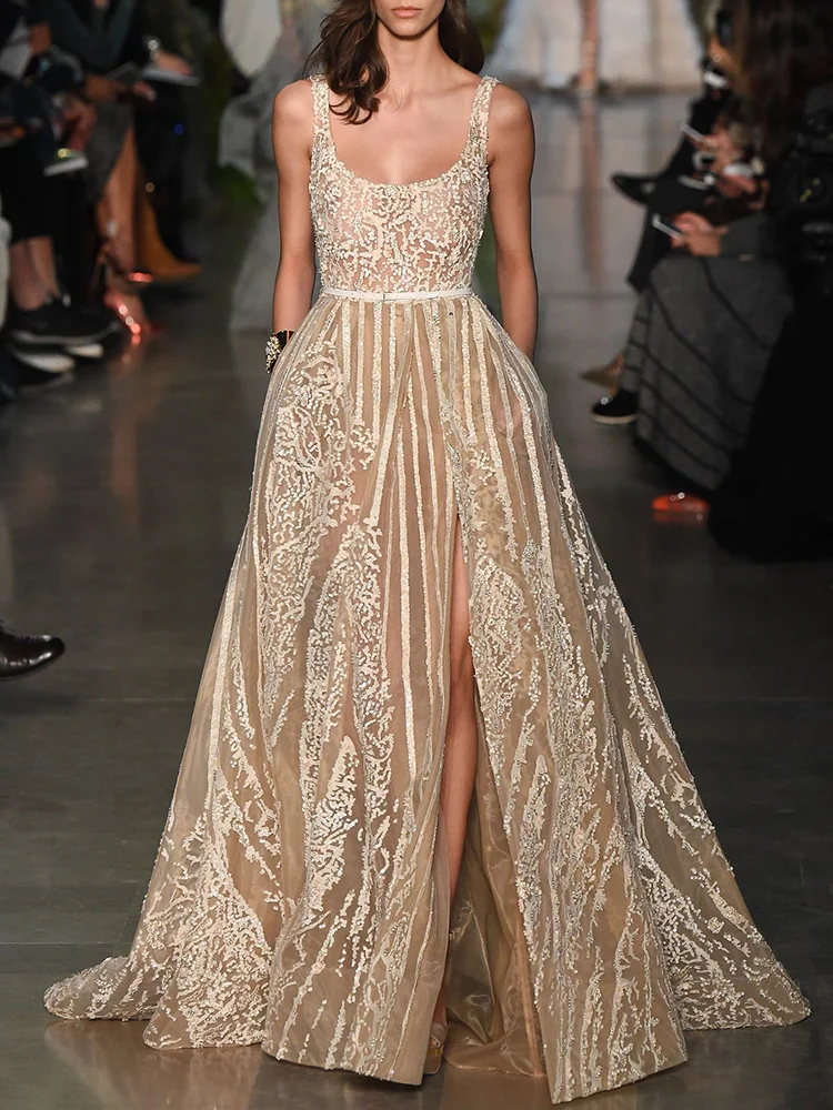 Banquet Sequined Jacquard Split-Side Square-Neck Maxi Dresses