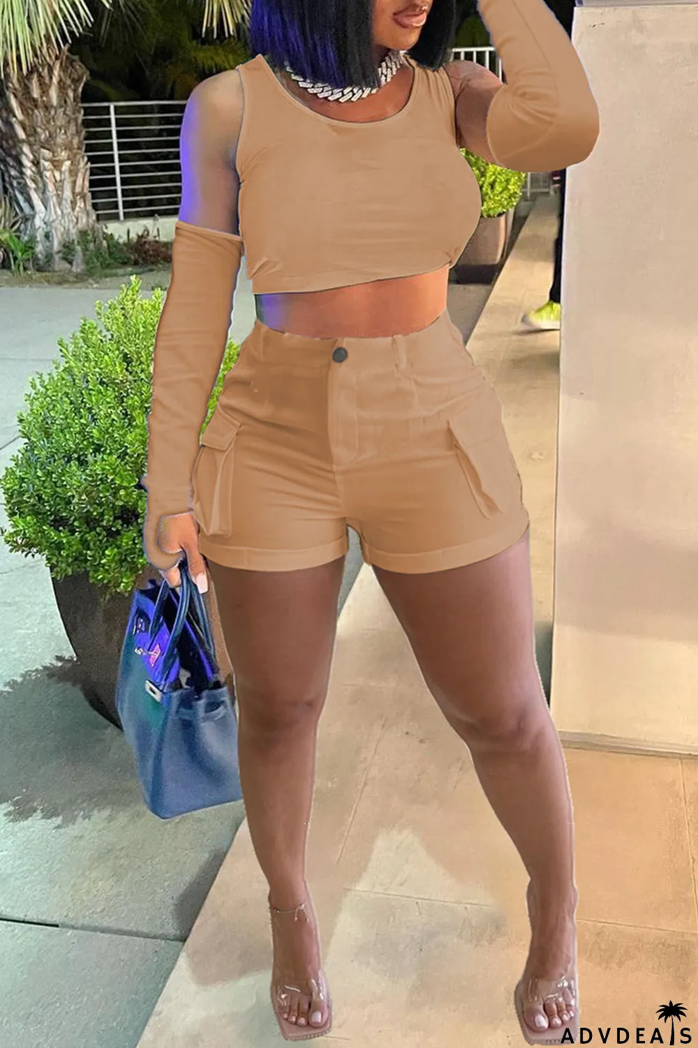 Khaki Casual Solid Basic O Neck Four Piece Set (With Sleeves)