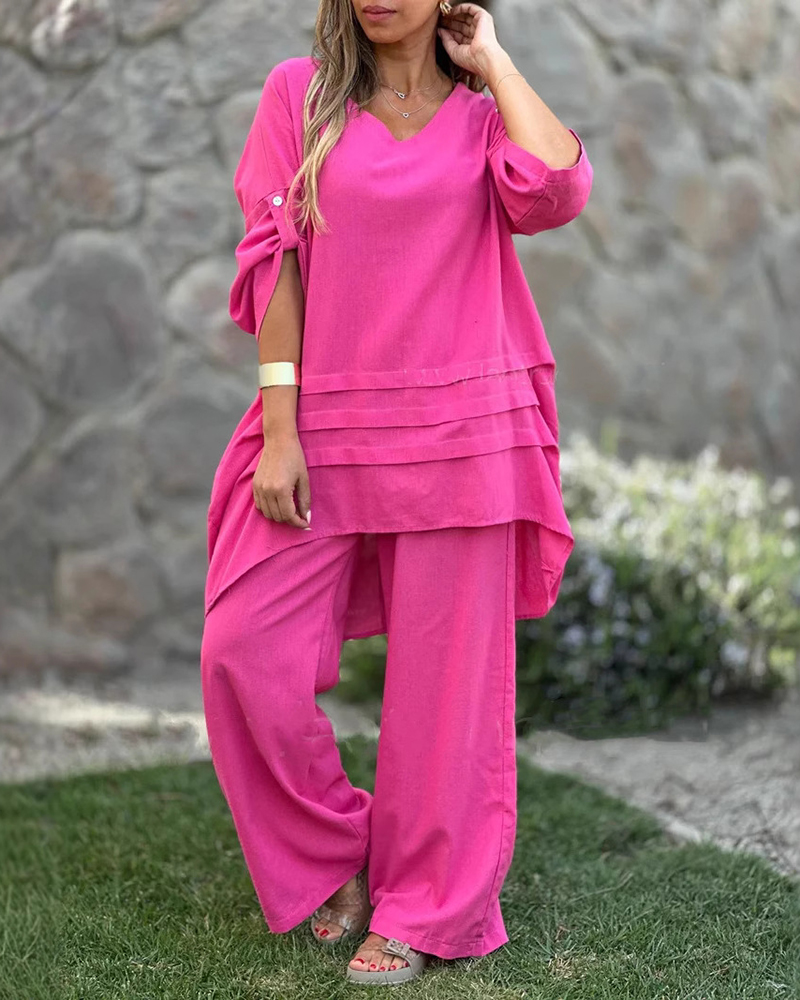Layered Design Three Quarter Sleeve V Neck Top & Pants Set