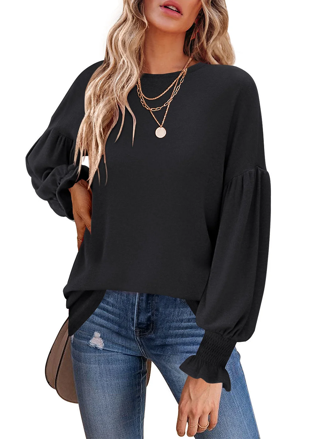 MIHOLL Womens Long Sleeve Top Crew Neck Ruffle Lantern Sleeve Casual Loose Blouse T Shirts
