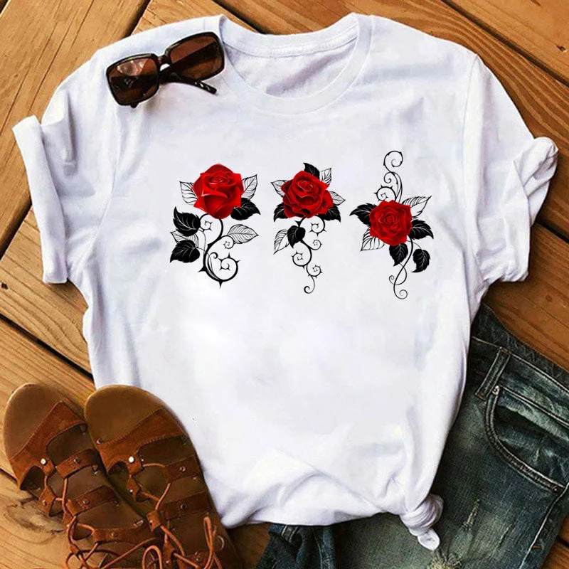 New Fashion Women Black T Shirt Red Rose Musical Note Printed T Shirt Harajuku Cute Graphic Tee Shirt Female Ladies Casual Tops