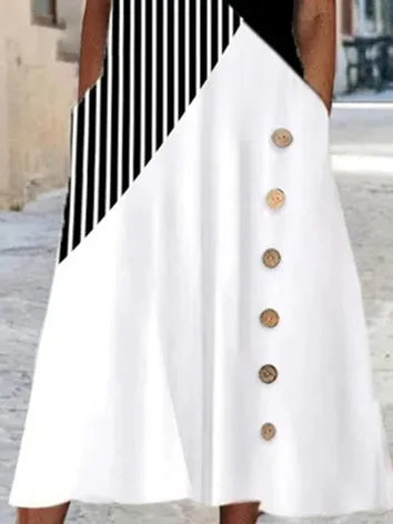Women's V-Neck Short Sleeve Graphic Striped Midi Dress