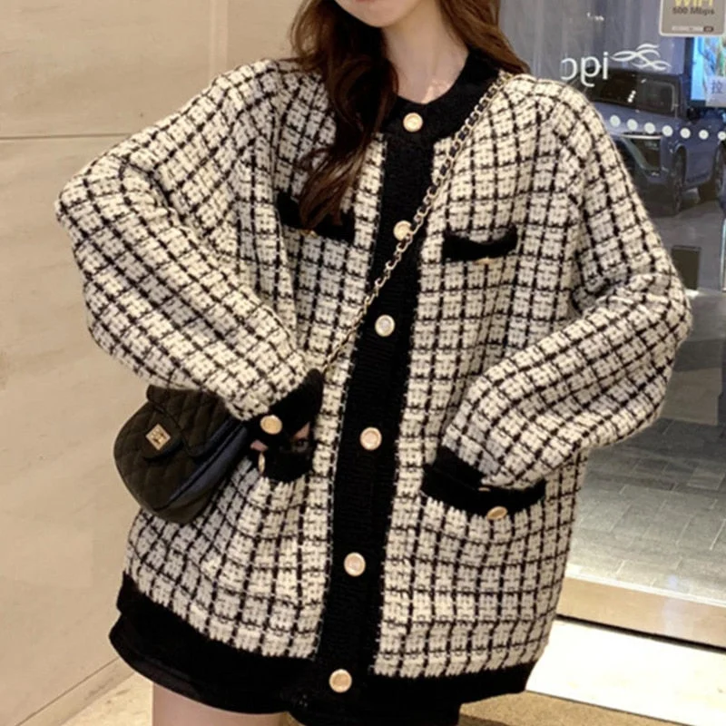 Long Sleeve Single Breasted Plaid Cardigan Knitted Sweater BE185