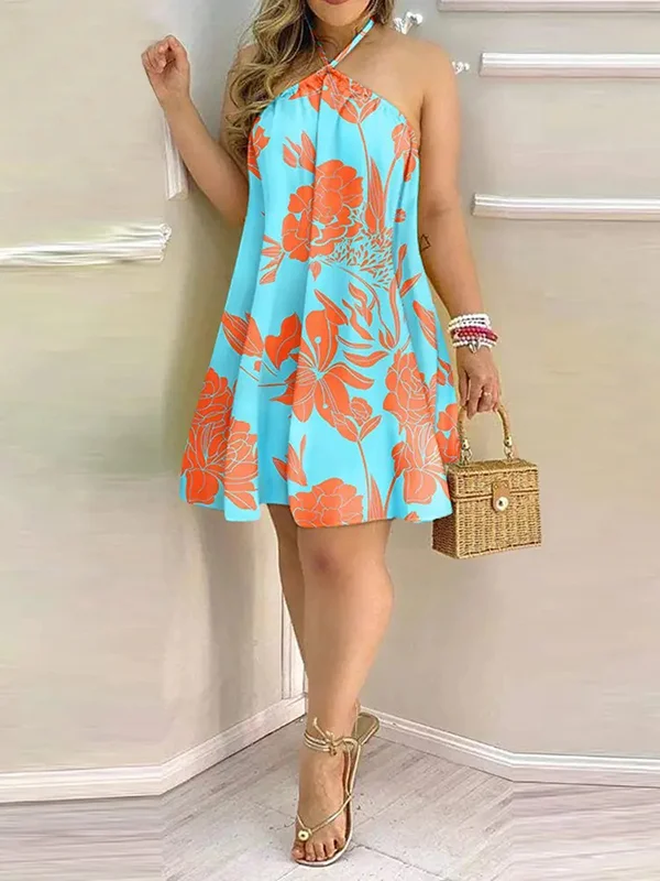 Floral Printed Contrast Color Sleeveless Loose Halter-Neck Mini Dresses