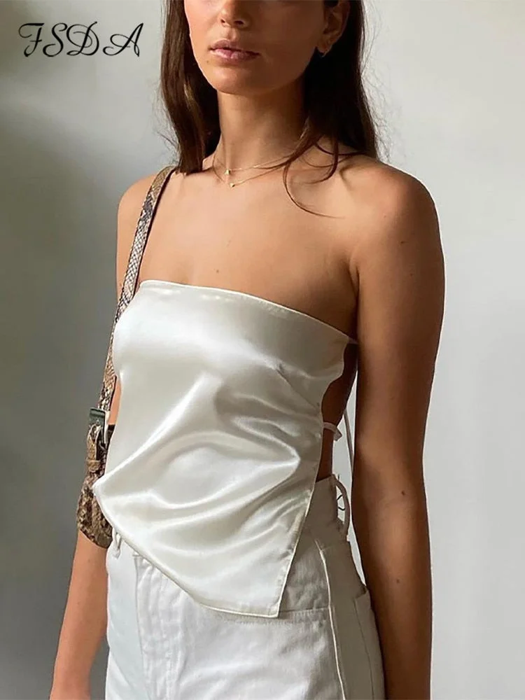 2022 Satin Backless Sexy Crop Top Women Green Y2K Summer Cami Bandage Sleeveless Strapless Tank Tops Off Shoulder