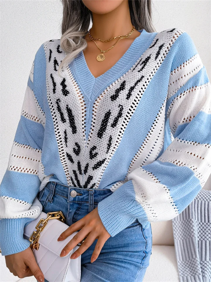 Autumn and Winter Clashing Color Leopard Print Lantern Sleeve Knitted Loose Type V Neck Sweater Pop-up Pullover Long-sleeved Women's-JRSEE